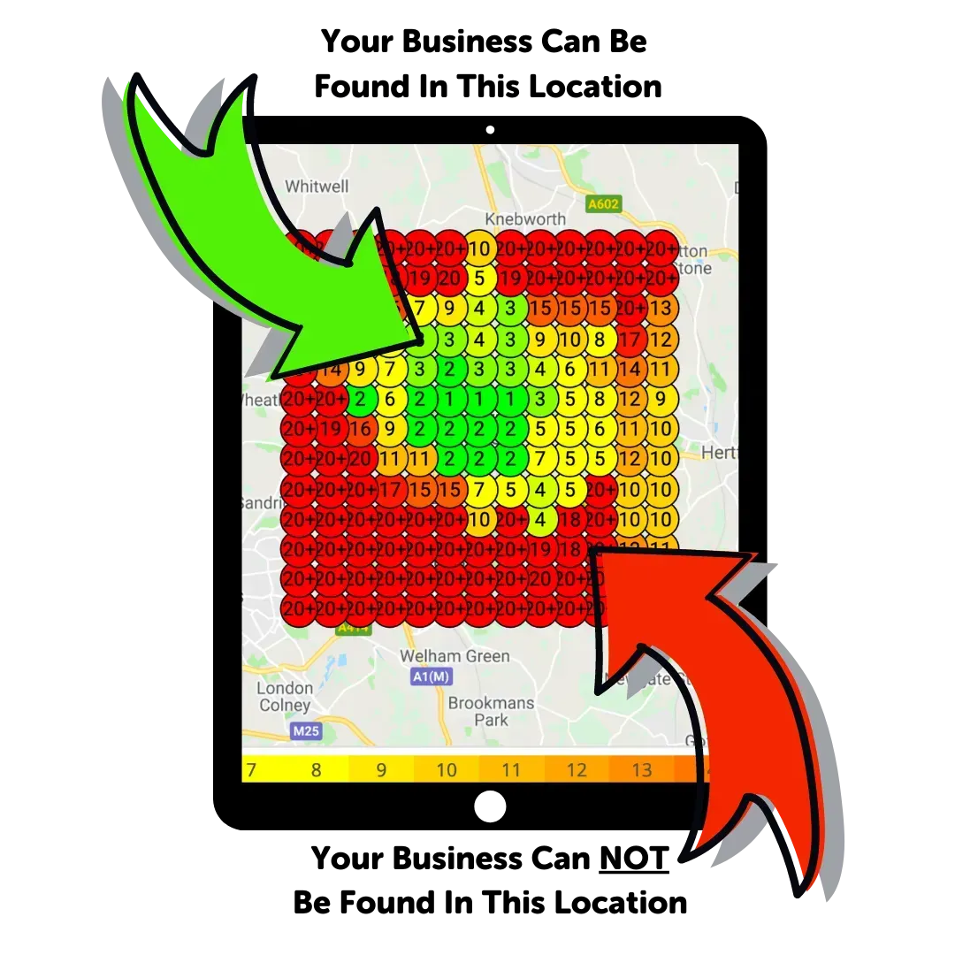 A Geo Grid showing a business visible in the centre and invisible across the rest of the service area