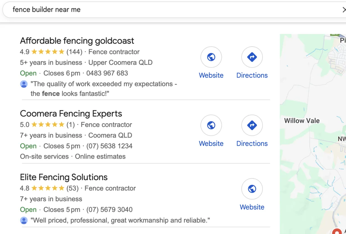 Google search results for fence builder near me showing the local map pack